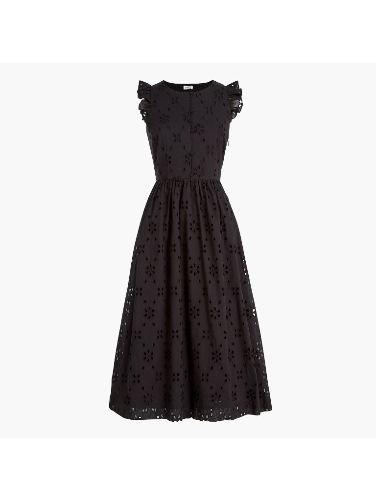 New J. Crew Midi 1/2 Button Eyelet Midi Dress Black Size 4 Pockets Flutter Slv